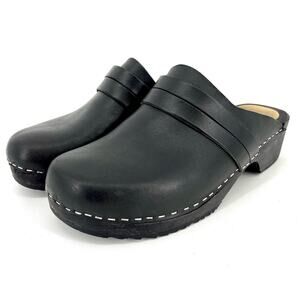 SKOLA Women's‎ Annika Clog black leather wooden heel mules (41 / US10.5)